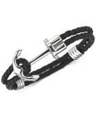 Men's Black Braided Leather Anchor Bracelet In Stainless Steel
