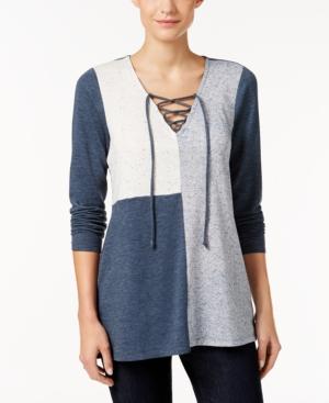 Style & Co. Colorblocked Lace-up Top, Only At Macy's