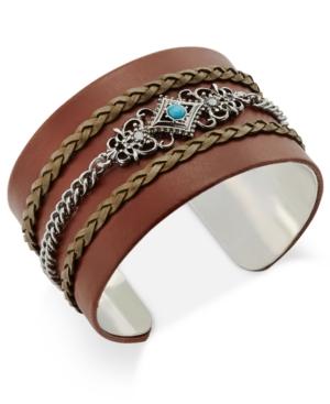Silver-tone Blue Stone Leather Cuff Bracelet