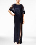 R & M Richards Sequined Lace Cold-shoulder Cape Gown