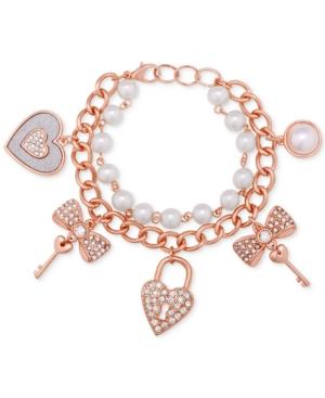 Guess Rose Gold-tune Imitation Pearl And Pave Charm Bracelet