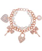 Guess Rose Gold-tune Imitation Pearl And Pave Charm Bracelet