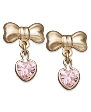 Children's 14k Gold Earrings, Pink Cubic Zirconia Heart And Bow Drop