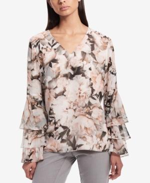 Calvin Klein Printed Ruffle-sleeve Blouse