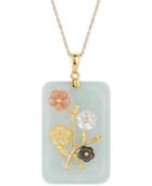 Jade Carved Flower Pendant Necklace (25x38mm) In Gold-plated Sterling Silver