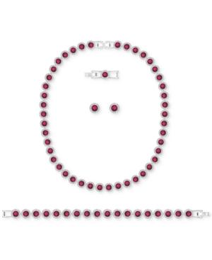 Swarovski Silver-tone Red Crystal And Pave Halo Collar Necklace, Bracelet And Stud Earrings