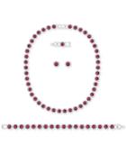 Swarovski Silver-tone Red Crystal And Pave Halo Collar Necklace, Bracelet And Stud Earrings