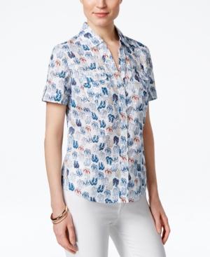 Karen Scott Short-sleeve Button-front Shirt, Beach Prints