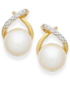 Cultured Freshwater Pearl (8mm) And Diamond Accent X-earrings In 14k Gold