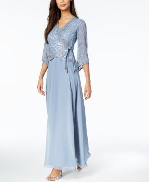 J Kara 3/4-sleeve Beaded Wrap Gown