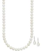 Cultured Freshwater Pearl Necklace (7mm) And Drop Earrings (8mm) Set In Sterling Silver