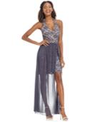 Morgan & Company Juniors' Glitter Lace Sheer-overlay Halter Dress