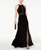 Nightway Illusion Stripe Glitter Lace Gown
