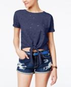 Planet Gold Juniors' Distressed Cropped Tie-front T-shirt