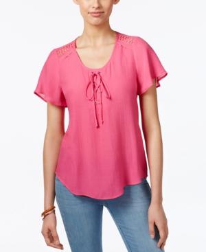 Ny Collection Petite Flutter-sleeve Lace-up Top