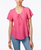 Ny Collection Petite Flutter-sleeve Lace-up Top