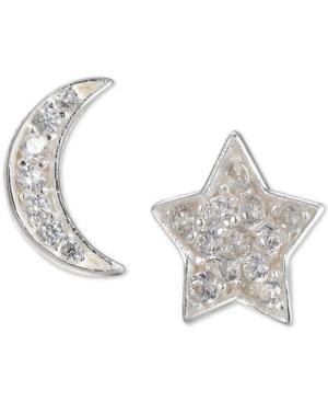 Unwritten Cubic Zirconia Moon & Star Mismatch Stud Earrings In Sterling Silver