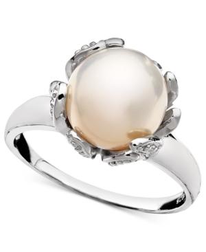 Belle De Mer Sterling Silver Ring, Cultured Freshwater Pearl (10mm) And Diamond Accent Flower