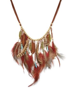 Gold-tone Faux Suede Multi-feather And Charm Statement Necklace