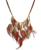 Gold-tone Faux Suede Multi-feather And Charm Statement Necklace