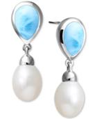 Marahlago Freshwater Pearl (7 X 11mm) & Larimar Drop Earrings In Sterling Silver