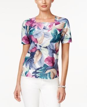 Alfred Dunner Leaf-print Square-neck Top