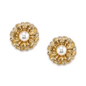 2028 Gold-tone Simulated Pearl Flower Button Earrings
