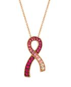 Le Vian Rafa Foundation Strawberry Layer Cake Passion Ruby (1/8 Cttw), Ruby Pink Sapphire (3/8 Cttw), And Vanilla Sapphires Accent Cancer Awareness Pendant In 14k Rose Gold
