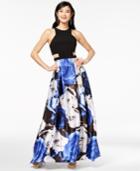 Blondie Nites Juniors' Printed-skirt Illusion Gown