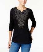 Karen Scott Studded Split-neck Top, Only At Macy's