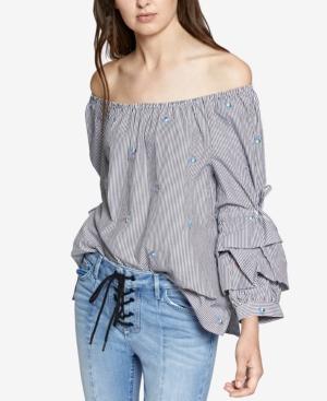 Sanctuary Saffron Cotton Striped Tiered-sleeve Top