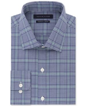 Tommy Hilfiger Men's Fitted Performance Stretch Flex Collar Blue Green Check Dress Shirt