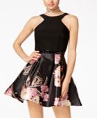 Crystal Doll Juniors' Belted Scuba & Floral-print Fit & Flare Dress