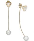 Gold-tone Imitation Pearl And Triangle Stud Front And Back Earrings