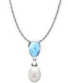 Marahlago Freshwater Pearl (9 X 13mm) & Larimar 21 Pendant Necklace In Sterling Silver