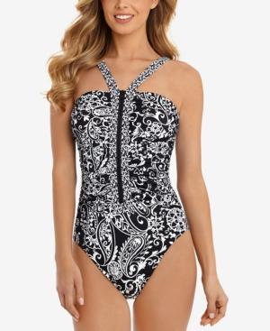 Swim Solutions Sport Printed Zip-front Tummy-control One-piece Swimsuit Women's Swimsuit
