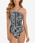 Swim Solutions Sport Printed Zip-front Tummy-control One-piece Swimsuit Women's Swimsuit