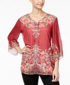 Jm Collection Printed Woven Lace-up Top