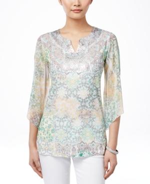 Jm Collection Petite Sublimated-print Embellished Blouse, Only At Macy's