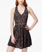 City Studios Juniors' Embellished-waist Lace Fit-and-flare Dress