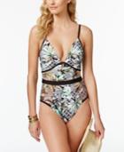 Kenneth Cole Palm Reading Printed Mesh-inset Push-up Tummy Control One-piece Swimsuit Women's Swimsuit