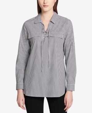 Calvin Klein Striped Lace-up Roll-sleeve Blouse