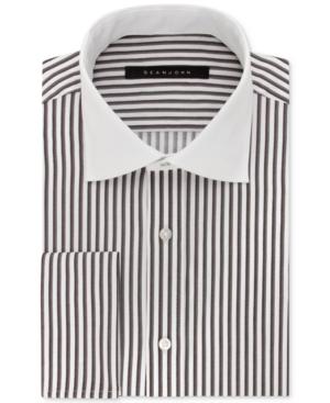 Sean John Men's Fitted Tailored-cut Brown Stripe Dress Shirt