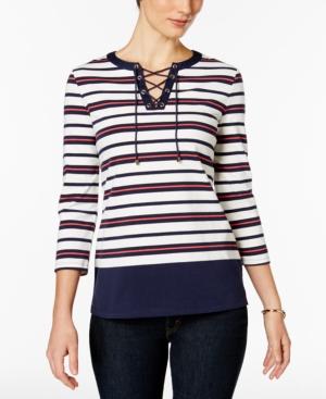 Charter Club Striped Lace-up Top, Created For Macy's