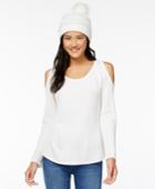 Self E Juniors' Waffle-knit Cold-shoulder Top & Faux Fur-trimmed Beanie