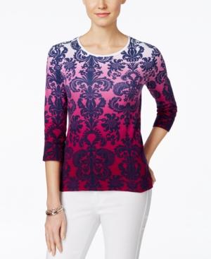 Charter Club Petite Damask-print Three-quarter-sleeve Top, Only At Macy's