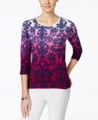 Charter Club Petite Damask-print Three-quarter-sleeve Top, Only At Macy's