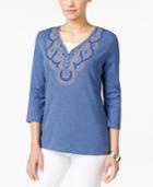 Karen Scott Embroidered Three-quarter-sleeve Top, Only At Macy's