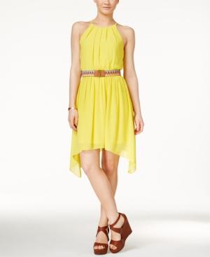 Bcx Juniors' Belted Halter Handkerchief-hem Dress