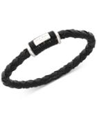 R.t. James Men's Silver-tone Black Leather Braided Logo Bracelet, A Macy's Exclusive Style